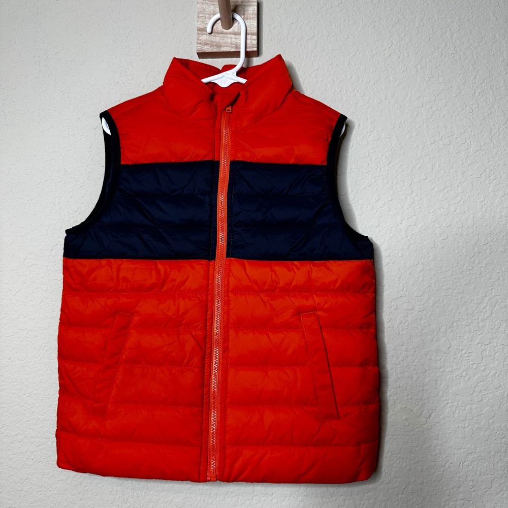 Janie and Jack Boys Orange Navy Blue Colorblock Quilted Puffer Vest Size 5 to 6